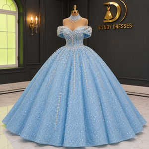 Luxury Sky <b>Blue</b> <b>Glitter</b> Ball Gown for Women Designer Princess Evening Dress with Heavy Crystal Embroidery and Premium Party Wear - Product Image 5