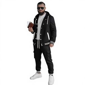 New Men's Casual Sporty Hooded Baseball Jacket Cardigan Long-Sleeve Quick Dry Striped Work Pocket Long Pants Set 100% Cotton - Product Image 1