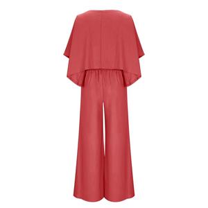 Women's Linen-Blend Simple Relaxed Fit Two-Piece Set V-neck Dolman Sleeve <b>Top</b> Matching Wide Leg Pants Relaxed Outfit Beach Wear - Product Image 2