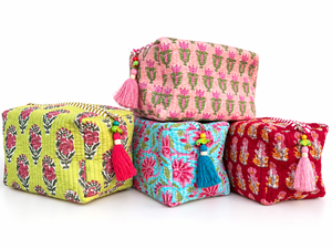 Large Cotton <b>Quilted</b> Portable Adjustable Large Capacity Makeup <b>Bag</b> Tassels Hand Block Printed Cosmetic Pouch Durable Toiletry - Product Image 1