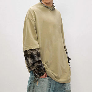 เสื้อยืดโอเวอร์ไซส์โลโก้สั่งทำ เสื้อผ้าสตรีทแวร์ผู้ชาย เสื้อทีเชิ้ตแบบมีซับในสองชั้น ผลิตโดยผู้ผลิตเสื้อยืดเปล่าแบบสั่งทำ เสื้อยืดแขนยาวสองชั้น - Product Image 1