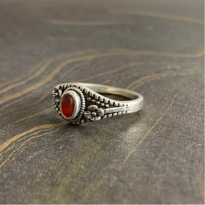 Handmade Natural Oval Carnelian Ring in <b>Solid</b> <b>Silver</b> Band Floral Textured Vintage Jewelry for Occasion Gift - Product Image 6