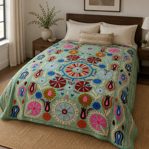 Couvre-lit en coton brodé Suzani fait main de luxe, motif floral multicolore turquoise, style bohème, décoration ethnique indienne pour la maison, vente en gros - Product Image 1