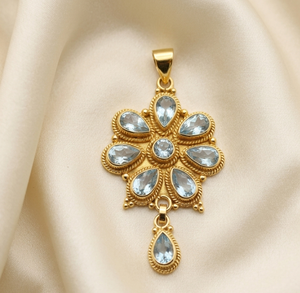 Colgante de Flor de Topacio Azul en Plata de Ley 925, Joyería Vintage Hecha a Mano, Chapado en Oro Rosa y Oro Amarillo, Regalo - Product Image 5