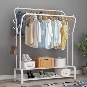 Porte-vêtements en métal blanc avec double étagère de rangement pour armoire, design minimaliste, multifonctionnel, type sur pied - Product Image 6