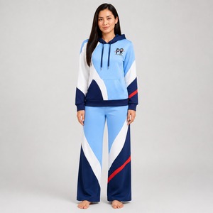 Women's Color Blocking Hooded Tracksuit Set Full Sleeve Loose Fit Sporty Style Breathable Polyester <b>Joggers</b> with Side Pockets - Product Image 1