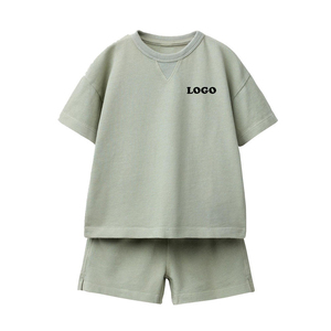 Hot Selling Brand Kids Solid Color Cotton T Shirt And Shorts Set Front Logo Casual Wear Breathable Mid Waist <b>Elastic</b> Closure - Product Image 1