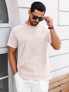 เสื้อยืดคอกลมแขนสั้นสีเบจสำหรับผู้ชาย ทรงปกติ ผ้าฝ้ายเจอร์ซีย์ สวมใส่สบาย สีพื้น ระบายอากาศได้ดี ผ้าถัก - Product Image 1