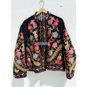 Elegant Velvet Jacket With Hand Embroidered Floral Pattern Mandarin Collar Full Sleeve Winter <b>Coat</b> - Product Image 1