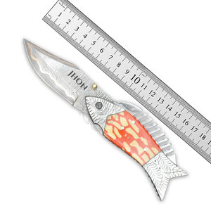 Handmade <b>Copper</b> Damascus Steel Hunting/Fishing/Camping Multi-Functional Folding Pocket Knife Steel Engraved Orange Yellow Resin - Product Image 6