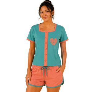 Turquoise And Coral Women Two Piece Shorts Set Square Neck Button <b>Top</b> Heart Print Casual Summer Cotton Lounge Wear Outfit Custom - Product Image 1