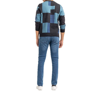 Suéter de Punto con Patrón Geométrico para Hombre, Manga Larga, para Otoño, Diseño de Bloques de Color Azul Gris, Corte Regular - Product Image 5