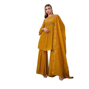 Latest Handcrafted Heavy Georgette Intricate Inner Curve Work Embroidery Premium Silk <b>Women's</b> Indian Pakistani <b>Kurta</b>/Kurti Multi - Product Image 1