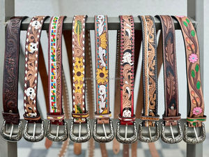 Unisex Stylish Western-Style Cowhide <b>Leather</b> Belts Hand <b>Tooled</b> Carving High Brass Steel Custom Fashionable Vintage Cowboy Design - Product Image 4