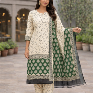 Traje Punjabi Floral Verde Crema Premium |   Conjunto de Pijama Kurti de Algodón Hecho a Mano con Borde |   Vestido Sarong Indio Profesional - Product Image 2