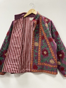 Hand Embroidered Suzani Velvet Bomber Jacket Stand Collar Full Sleeve Floral Pattern All Seasons Women's Wool Blend - Product Image 5
