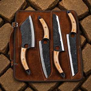 Handmade High Carbon Steel <b>Knife</b> <b>Set</b> -4 Pcs Kitchen <b>Knife</b> <b>Set</b> Straight Edge With Leather Roll Bag With Wooden Handle - Product Image 4