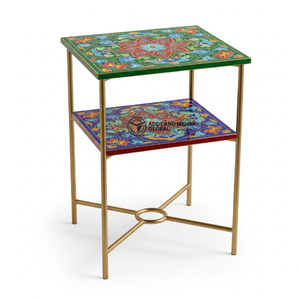 Mesa Auxiliar Artesanal Multicolor con Incrustaciones de Hueso y Estructura Metálica – Mesa Decorativa de Dos Niveles para Sala de Estar y Otomanas - Product Image 2