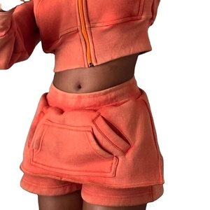 Ensemble de survêtement pour femme avec fermeture éclair, effet délavé, jupe de survêtement, jogging, ensemble de survêtement pour femme, sweat-shirt court et short, ensemble 2 pièces, 2026 - Product Image 4