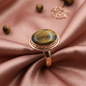 Pure 925 Sterling Silver Tiger Eye Oval <b>Ring</b> Rose Gold and Yellow Gold Plated Handmade Gemstone <b>Statement</b> Jewelry Gift for Her - Product Image 5