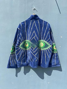 Chaqueta de terciopelo azul real con motivos de ojo turco bordados a mano y rayos de sol dorados Zari, chaqueta artesanal de invierno. - Product Image 2