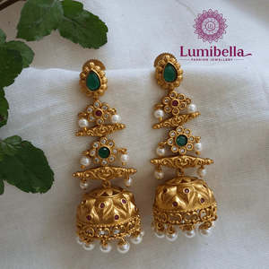 Gold Plated Pearl Floral Hoop Drop Earrings-Vintage Ethnic Religious Jhumki with Oxidized Polish India - Product Image 1