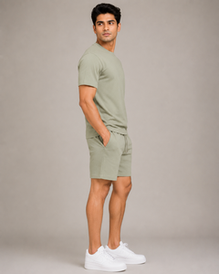 Unisex Summer 2-Piece <b>Knitted</b> Cotton Terry Fabric T-Shirt Shorts <b>Set</b> Short Sleeve Solid Color Eco-Friendly Breathable - Product Image 4