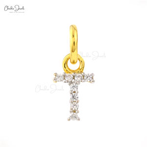 High Quality 925 Sterling Silver T-Initial Pendant 0.9MM Natural Round White Zircon Pave Set Micron and Rhodium Plated Jewelry - Product Image 1