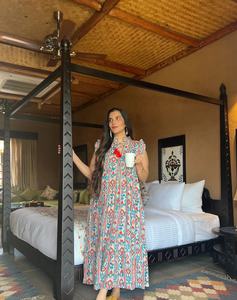 Pur coton sans manches Maxi robe indien bloc imprimé respirant élégant pour vêtements de jour décontractés couleurs terreuses décolleté licou - Product Image 5