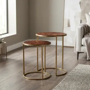 <b>Set</b> Of 2 Iron Wooden <b>Nesting</b> <b>Tables</b> Round Brown Tops Gold Metal Frames Modern Accent Side <b>Tables</b> For Living Room Home Decor - Product Image 4
