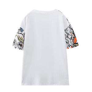 Camiseta blanca de manga corta para mujer con mangas con estampado colorido, cuello redondo, corte holgado, informal, de verano, de algodón - Product Image 1