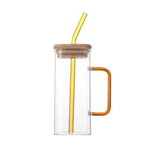 Bán buôn 400ml 13.53oz vuông cao Borosilicate Glass cup uống Glass cup với nắp Tre và màu xử lý rơm cốc thủy tinh - Product Image 1