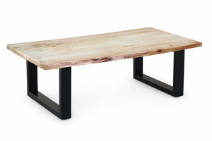 Table basse en bois d'acacia à bord naturel, plateau en dalle naturelle, pieds en fer noir, style moderne rustique, table rectangulaire pour salon, meubles de salon - Product Image 2