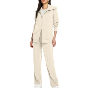 Ensemble de survêtement beige pour femme, couleur unie, manches longues, fermeture éclair, décontracté, respirant, coupe régulière, idéal pour le printemps - Product Image 1