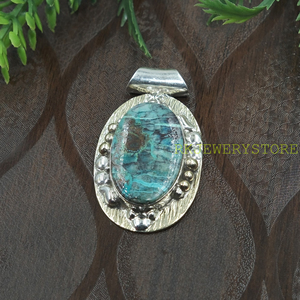 Colgante de Piedra Crisocola, Plata de Ley 925, Latón, Hecho a Mano, Ovalado, Piedra Natural, Joyería de Moda para Mujer, Estilo Boho Vintage - Product Image 3