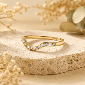 Wholesale 14K Yellow Gold Curved Wedding Band <b>Ring</b> with Round and Baguette Cut Moissanite Accent Minimalist Luxury <b>Stacking</b> <b>Ring</b> - Product Image 3