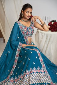 Teal Blue Embroidered <b>Lehenga</b> Choli Net Wedding Dress Set Fox Georgette Festival Outfit With Dupatta - Product Image 3