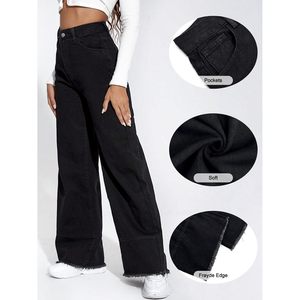 2025 2024, pantalones vaqueros de pierna ancha para mujer, Pantalones vaqueros de pierna recta holgados de cintura alta Y2K con dobladillo crudo, pantalones vaqueros transpirables holgados estampados - Product Image 1