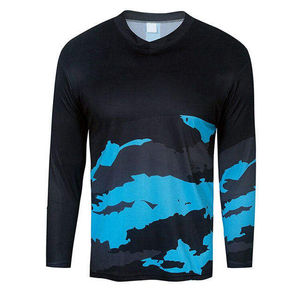 Camisa de Pesca de Manga Larga con Cuello en V para Hombre, Diseño Deportivo de Secado Rápido con Patrón de Camuflaje Negro y Azul, Corte Regular, Tejido de Poliéster - Product Image 1