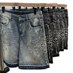 Jeans courts de bonne qualité pour hommes, en coton, coupe droite, décontractés, avec strass, denim, streetwear d'été, couleur personnalisée, vêtements tendance - Product Image 1