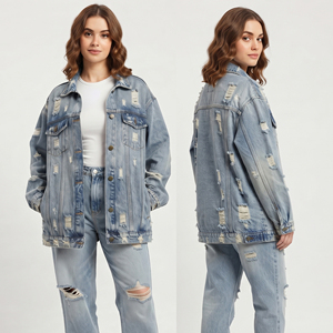 100% Cotton Winter Distressed Denim Jacket Women Oversized Jeans Coat Ladies Oversize Distress Jean Coat Oversize Denim Jackets - Product Image 6
