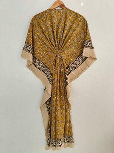Boho Mustard Yellow Fish Pattern Handprint Kaftan Dress With <b>Tie</b> <b>Back</b> Loose Fit Short Sleeve Cotton Summer Casual Dress - Product Image 2