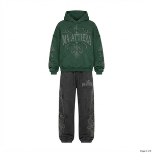 Custom <b>Green</b> Hoodie Black Distressed Jogger Set Rhinestone Embellished Cotton <b>Fleece</b> Streetwear Tracksuit OEM - Product Image 4