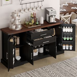 Mobiletto da Cucina Stile Fattoria con Ante Scorrevoli da 160 cm, 2 Cassetti, Grande Credenza, Tavolo Bar Caffè, Ripiani Regolabili - Product Image 5