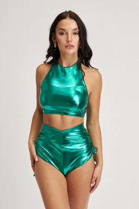 Ropa profesional para pole dance para mujeres, top de cuello alto, pantalones de cintura alta, conjunto ligero para presentaciones de verano, elástico. - Product Image 3