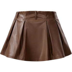 Minifalda de cuero sintético PU marrón para mujer, corte en A, con dobladillo acampanado y plisado, con pantalones cortos incorporados - Product Image 2
