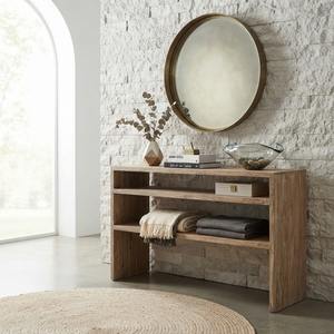 Solid Wood Console Table Modern <b>Rustic</b> Open Shelf Waterfall Entryway <b>Desk</b> Natural Teak Style Wooden Hallway Furniture Accent Tab - Product Image 4
