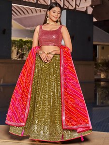 Classic Green <b>Sequined</b> A-Line Lehenga With Pink Dupatta And Red <b>Crop</b> <b>Top</b> For Bridesmaid Wear - Product Image 3