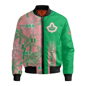 Blouson bomber rose et vert imprimé de haute qualité avec motif palmier et design de blason, veste décontractée pour homme en polyester avec fermeture éclair sur le devant - Product Image 2