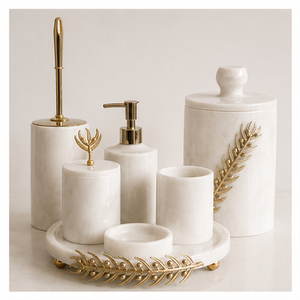 Ensemble d'accessoires de salle de bain en marbre blanc 5 pièces avec décor de branche d'olivier dorée, ensemble de vanité en pierre naturelle artisanale de qualité supérieure pour hôtels - Product Image 3